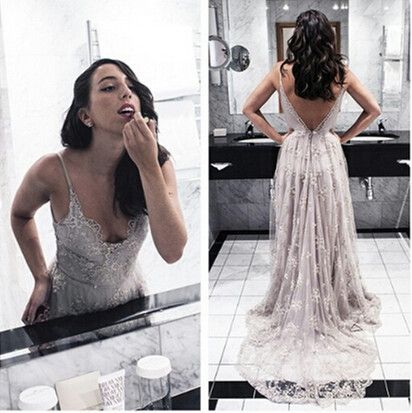 Ulass Backless Prom Dresses,gray Prom Dress, Open Back Formal Gown,open Backs Prom Dresses, Grey Evening Gowns,lace Formal Gown, Spaghetti Straps