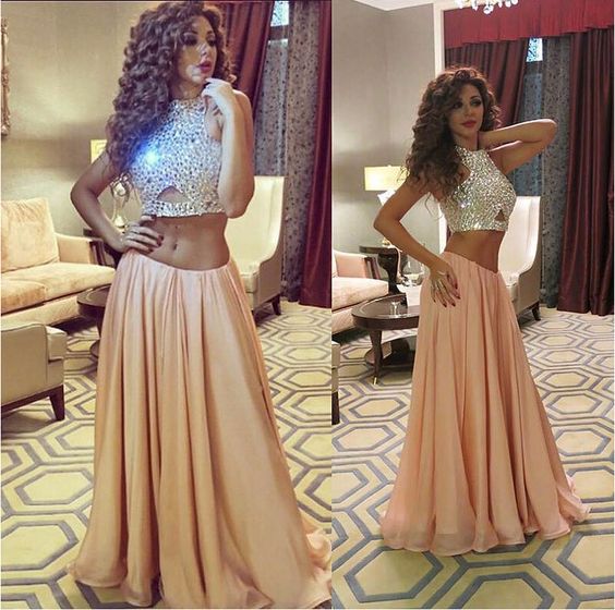Ulass Charming Prom Dress,two Pieces Prom Dress,a-line Prom Dress,chiffon Prom Dress,beading Evening Dress