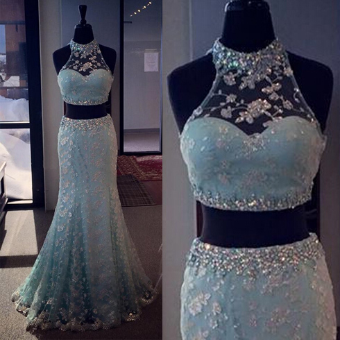 Ulass Blue Prom Dress, Beautiful Prom Dress, Two Piece Prom Dress, Lace Prom Dress, Sleeveless Prom Dress, Elegant Prom Dress