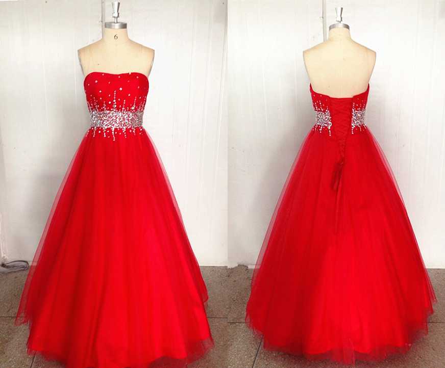 Custom Made Red Sweetheart Neckline A-line Tulle Prom Dress With Crystal Beading