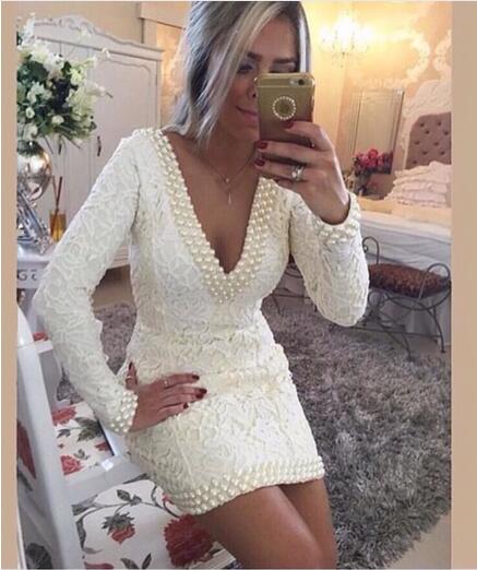 Ulass Straight V Neckline Long Sleeve Evening Dresses Short Women White Lace Evening Dress 2016