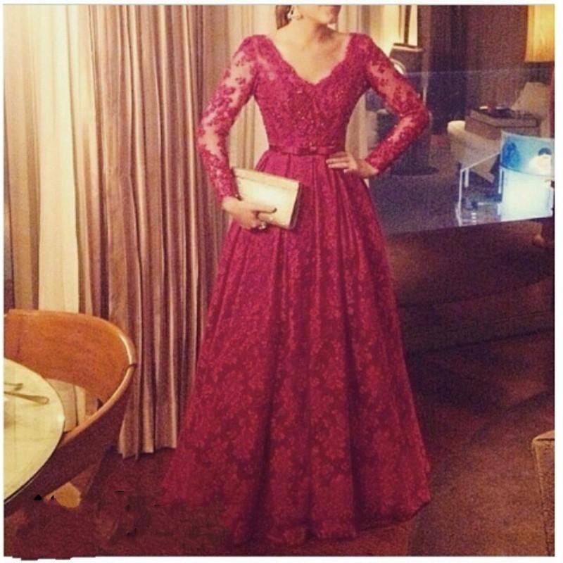Ulass Elegant Lace Prom Dresses V Neck Regular Fulle Sleeve With Long Custom Made Lace A Line Floor-length Formal Gown 2016