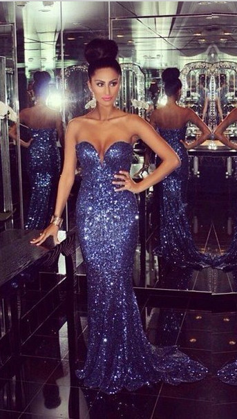 Glitter Royal Blue Sequin Long Prom Dresses Sweetheart Floor Length Formal  Party