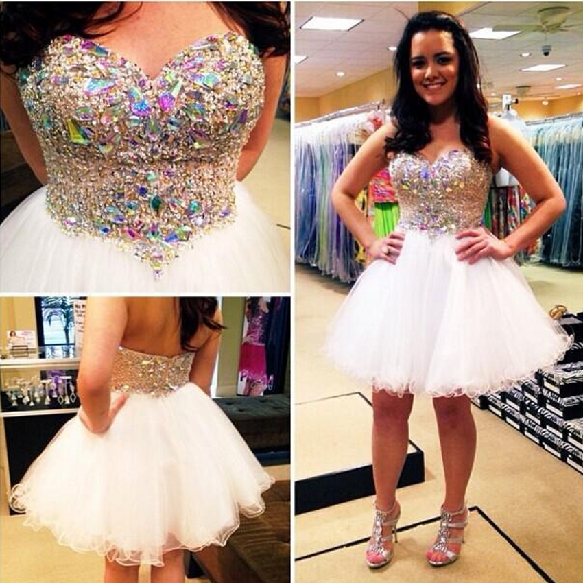 Ulass Sexy White Glitter Beaded Crystal Short Prom Dresses 2016 Crystal Homecoming Dresses