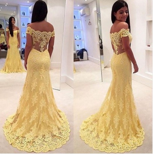Ulass Mermaid Prom Dress 2016 Yellow Off The Shoulder Sleeveless Trumpet With Appliques Lace Tulle Vestido Formatura Evening Dress