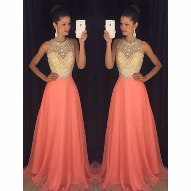 Ulass 2016 Hot Sale Chiffon Long Prom Dresses Beaded Bodice Coral Graduation Party Gowns Cheap Homecoming Dress