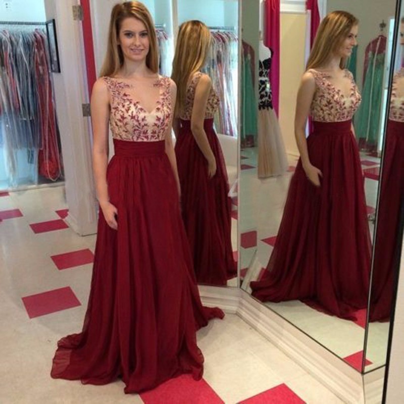 Ulass 2016 Style Burgundy Prom Dress Long Chiffon Homecoming Dresses Lace Appliques Bodice Party Gown