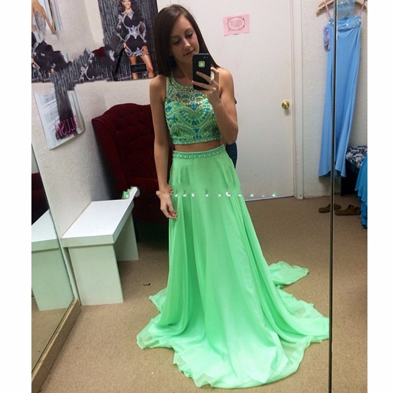 Ulass Fashionable 2 Pieces Prom Dresses Full Beaded Bodice Sexy Backless Long Chiffon Formal Gowns