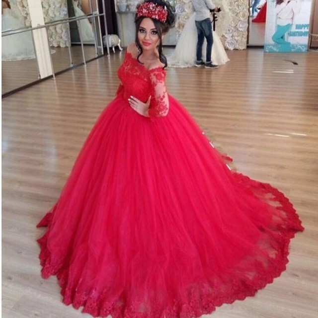 Ulass Charming Red Ball Gown Lace Appliques Long Sleeves Evening Dress Saudi Arabic Off The Shoulder Prom Gown Robe De Soiree