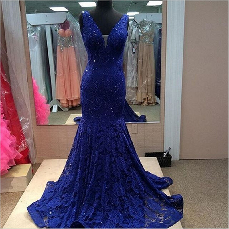 Ulass 2016 Luxury Lace Prom Dresses Navy Blue V-neck Beads Lace Long Formal Evening Dress Cap Sleeves Mermaid Party Gown Custom Made