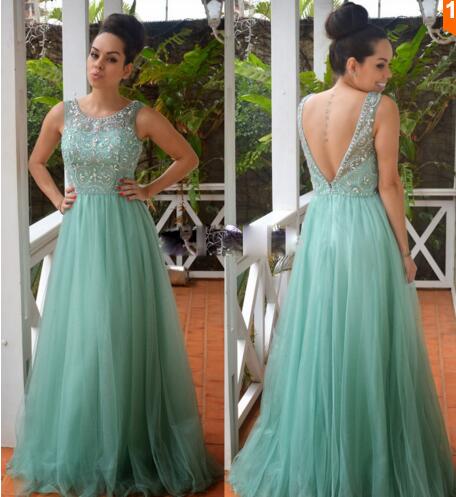 Ulass 2016 New Arrive O Neckline A Line Turquoise Tulle Prom Dresses With Crystal Rhinestone Backless Long Party Dress