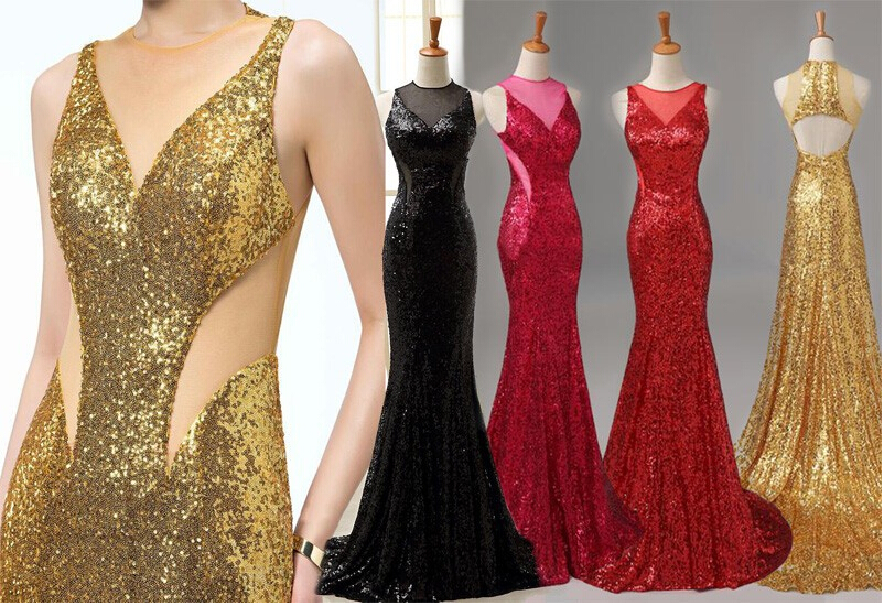 Ulass Sexy Mermaid Evening Dresses O-Neck Backless Sequined Party Dresses,Red Golden Black Long Formal evening Gowns