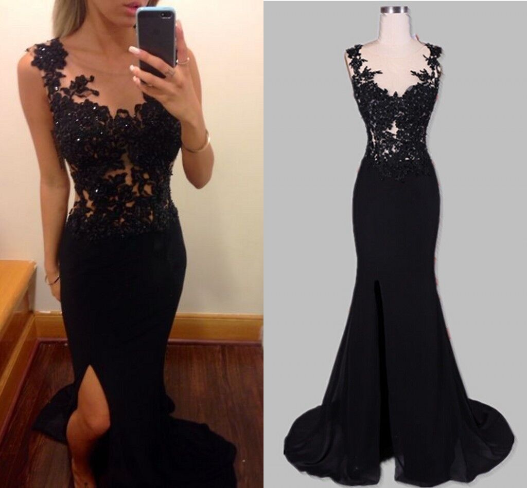 Ulass Black Sexy Evening Dresses Mermaid Sheer Scoop Appliques Backless Side Slit Chiffon Long Women Formal Party Dresses Prom Gowns