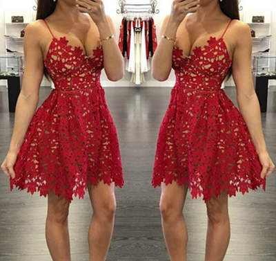 Custom Made Red Cami Sheer Lace Knee-Length Evening Dress, Formal Dress, Weddings, Homecoming Dress