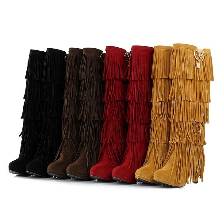 Pointed-toe Layered Fringe Knee-high Snow Boots