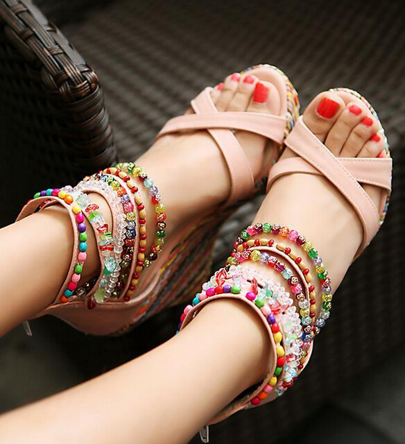 Multi-coloured Criss-cross Wedge Sandals With Assorted Ankle Strap Beading