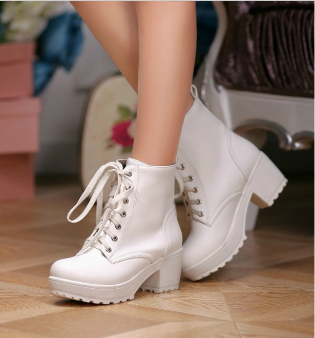 white lace up chunky heels