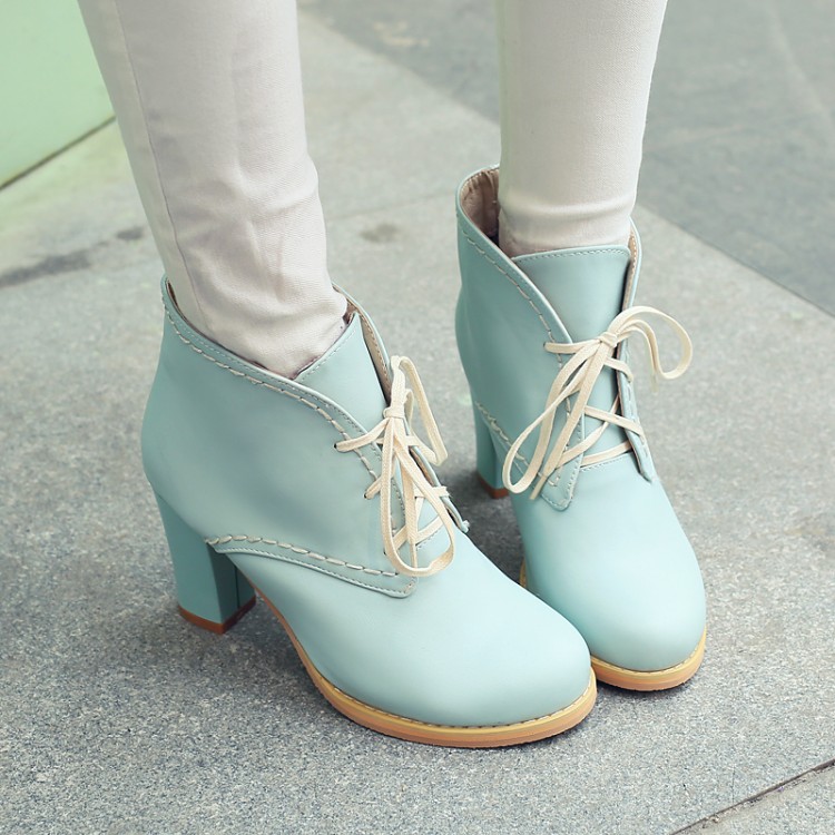 Ulass Pink Blue Beige Adorable Pastel Lace Up Chunky Heel Boots