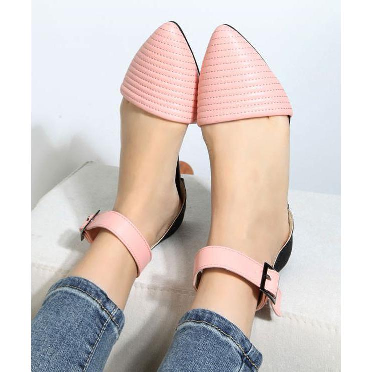 Ulass White Pink Crystal Pointed Patent Leather Shoes Singles Shoes With Flat Sandals Buckle