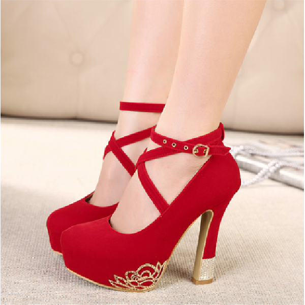 Ulass Red Black Shaped with word -style buckle high-heeled Roman style high-heeled shoes