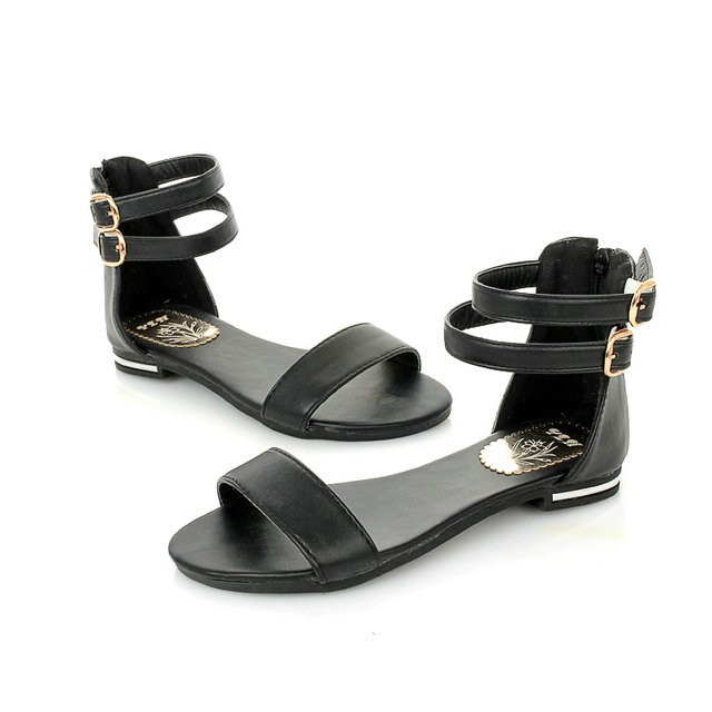 Double Ankle Strap Open Toe Sandal Flats With Back Zipper - Black/white