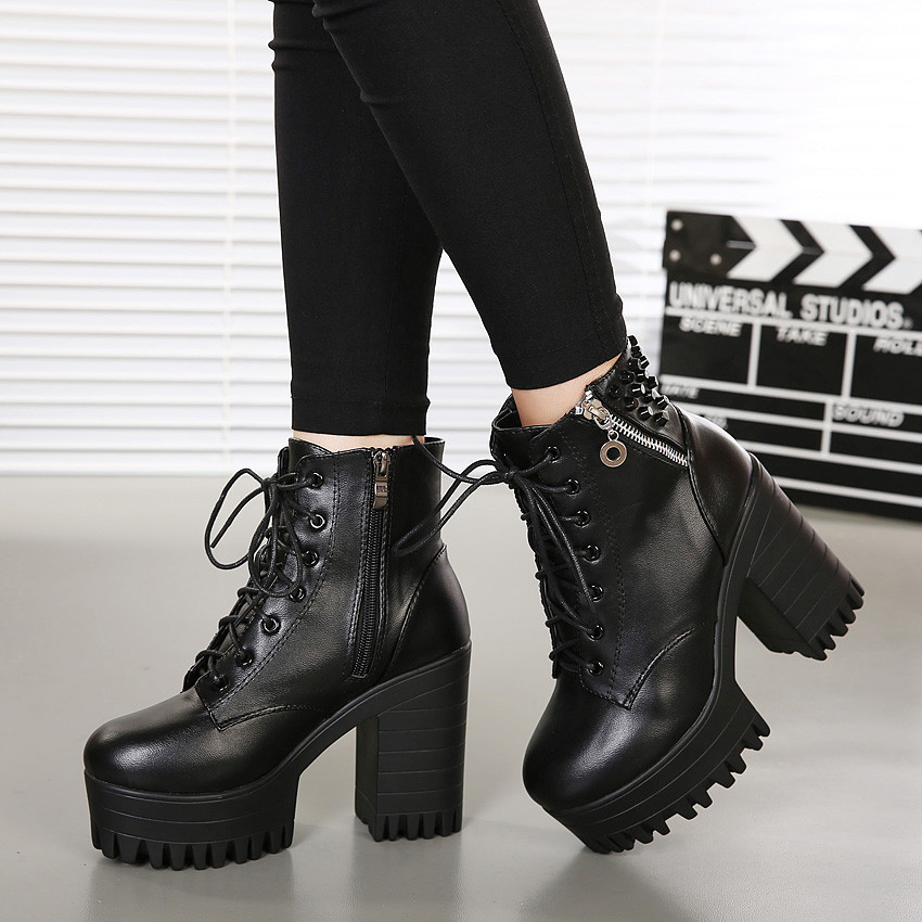Ulass Brand 2016 Spring And Autumn Women Boots Platform High-heeled Thick Heel Lacing Casual Shoes With Zipper Good Quality