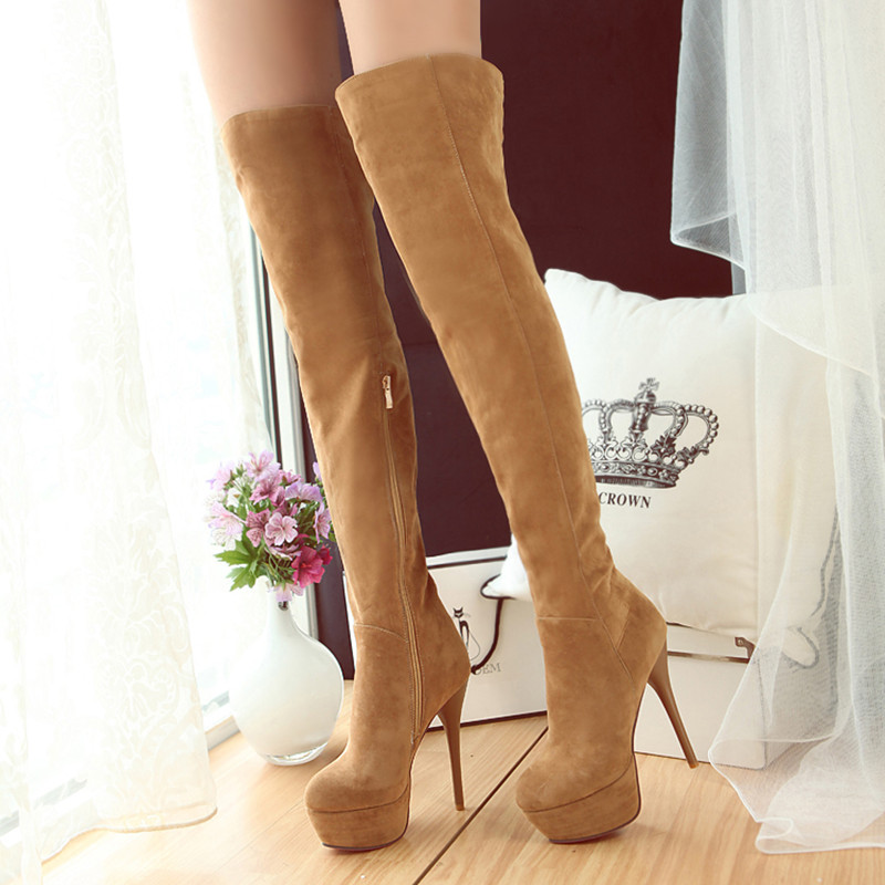 Faux Suede Rounded-toe Platform Over-the-knees High Heel Boots Featuring Side-zipper