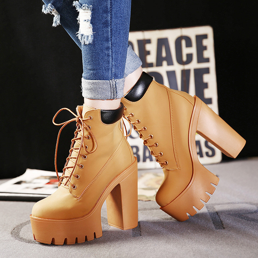 Ulass Fashion Autumn And Winter Platform Ankle Boots Women Lace Up Thick Heel Martin Boots Ladies Worker Boots Black Size 35-39