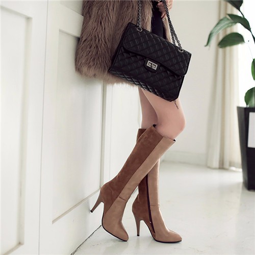 Patent Leather High Heel Two-tone Knee High Pointed Toe Boots With Zipper Closure