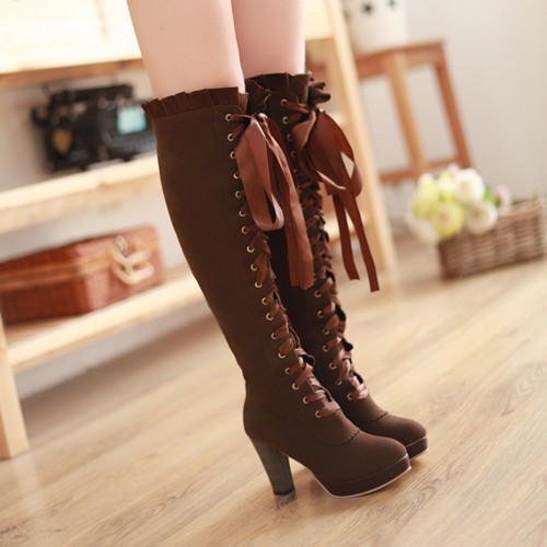 Women's Vintage Lace Up Knee High Boots on Luulla