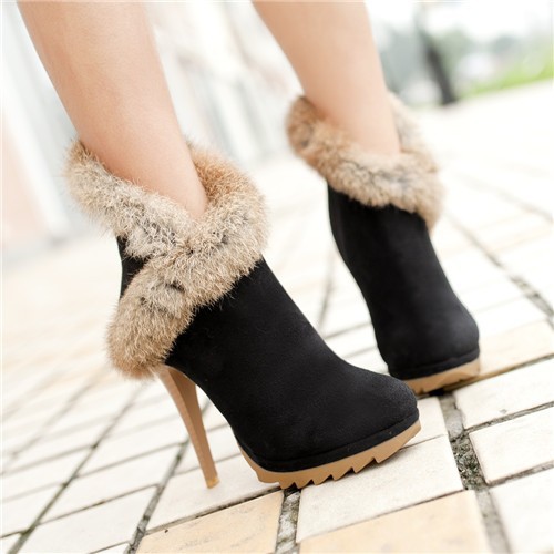 Ulass Women Boots Platform High Heels Winter Boots Ladies Shoes Sexy Stiletto Ankle Boots With Fur Shoes Black Green Small Size 34-39