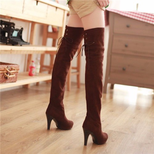 Ulass Hoes Women Boots Thigh High Boots Over The Knee Boots Platform Thick High Heels Boots Ladies Shoes Lace Up Brown