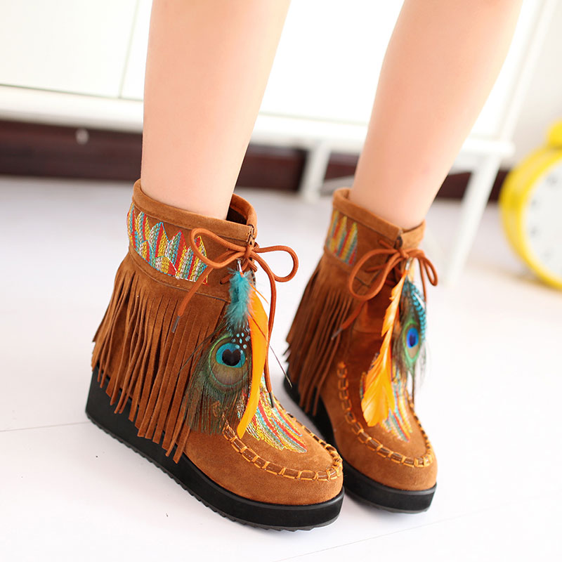 Ulassindian Style Retro Fringe Boots Flock Chunky Feather Women Ankle Short Boots Tassels Big Size Shoes Plus Size 34-43 Aa555 St-005