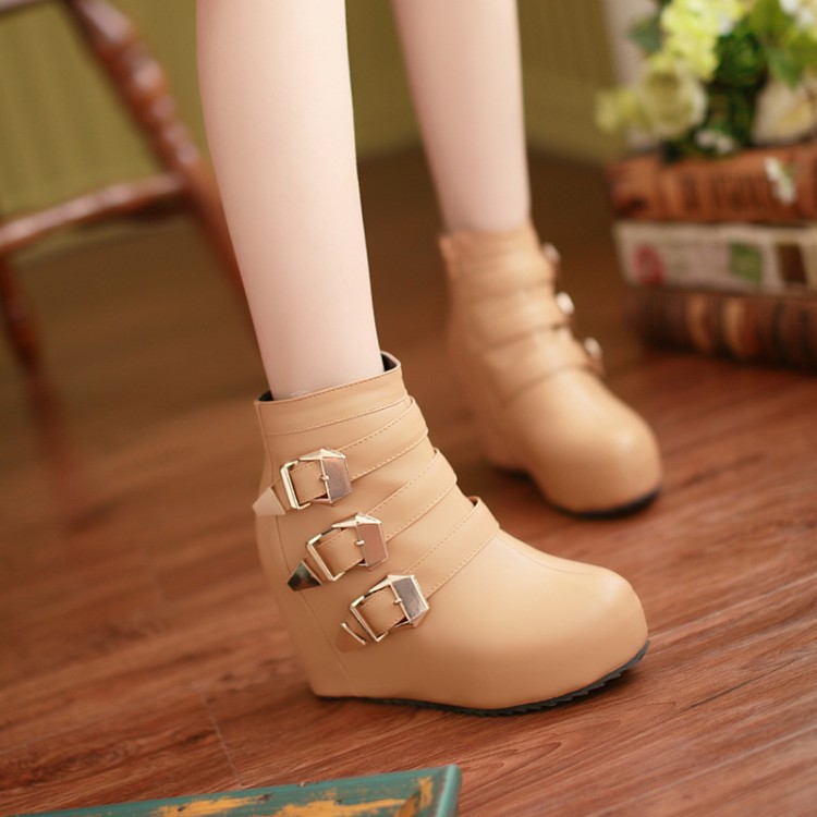 Ulass Spring Autumn Fashion Casual Women's Wedge Boots Buckle Round Toe Black White Beige Women Boots St-031