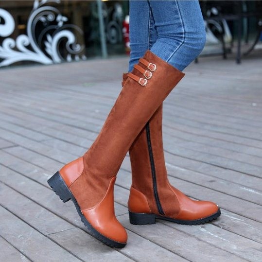 Autumn Winter Knee Length Round Toe Tall Boots With Side Zipper, Large Plus Size 40-43 St-042
