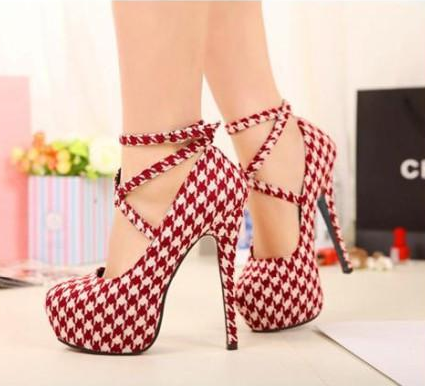 Houndstooth Printed Stiletto Pumps With Crisscross Ankle Straps