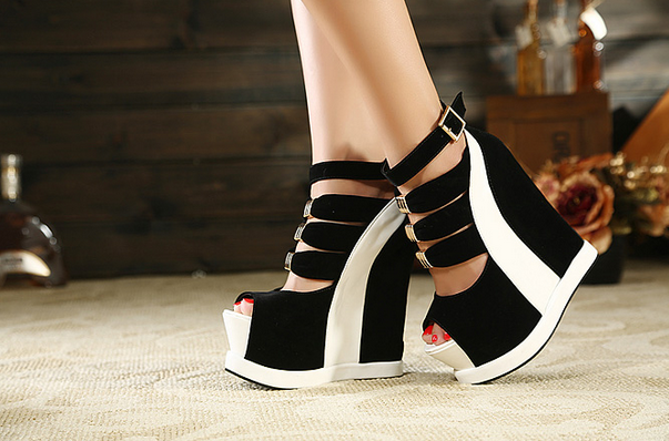Ulass Women Stylish Color Bump Black With Pink Sandals,super High Platform Wedge Heel Sandals