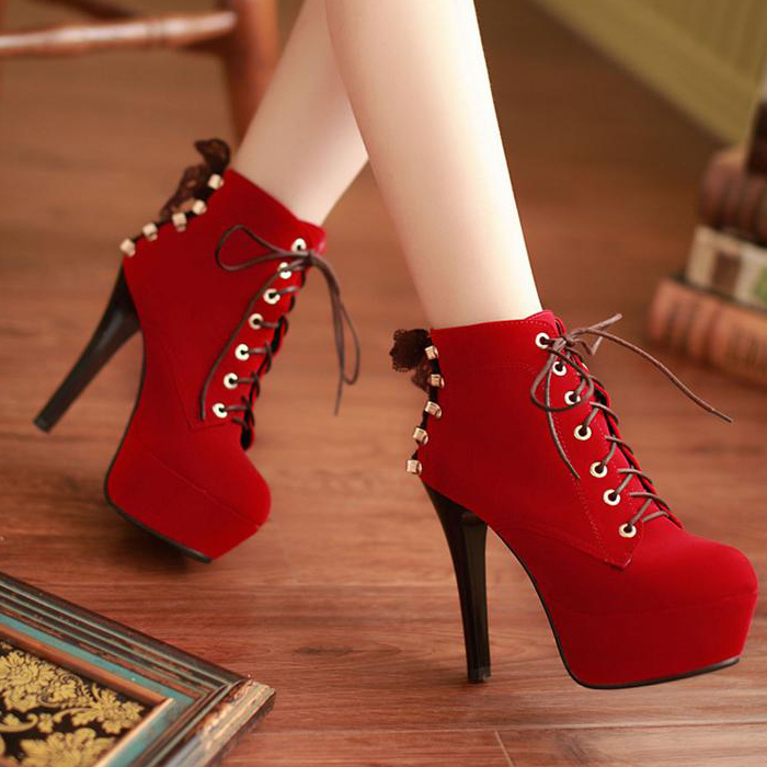 Ulass Red Suede High Heels Lace Up Ankle Boots