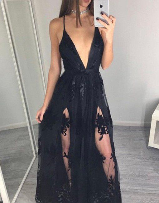 Ulass Sexy Prom Dress,black V Neck Prom Dresses,sleeveless Tulle And Lace Prom Dresses, Lace Evening Dress, Sexy Prom Party Dress