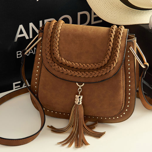 Braided Saddle Handbag With Tassel And Metallic Studs