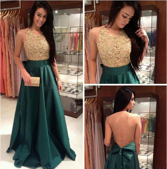 Ulass 2017 Appliques And Satin Prom Dresses, Floor-length Prom Dresses, Sexy Prom Dresses, A-line Prom Dresses, Charming Backless Evening Dresses