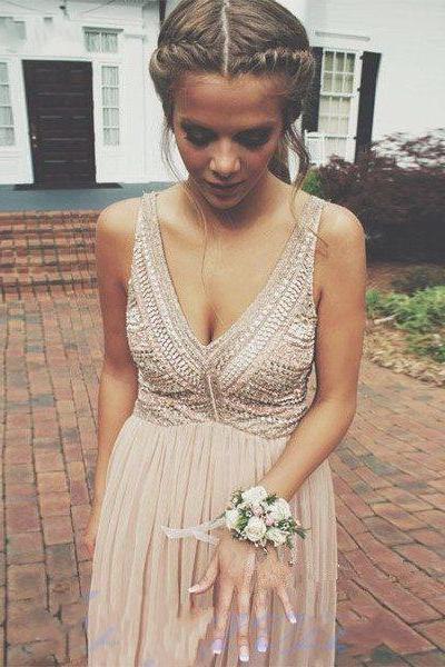 Blush Pink Evening Dress,a Line Evening Gowns,beading Prom Dresses,light Pink Party Dresses,long Prom Gown,v Neckline Prom Dress,formal