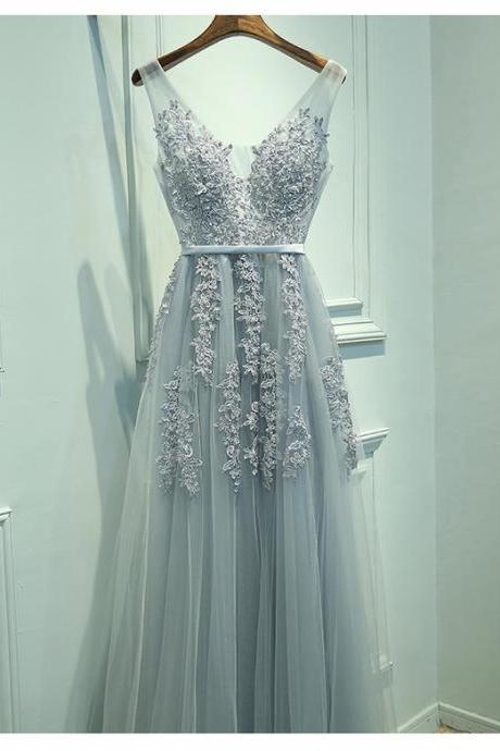 Ulass V Neckline Grey Lace Evening Prom Dresses, Tulle Long Party Prom Dresses, Custom Prom Dresses, Prom Dresses Shop, Online Prom Dresses,