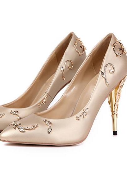 Pointed-Toe Silk Stilettos with Gold Floral Adornments