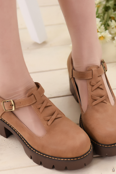 T-strap Chunky Cleated Sole Platform Shoes with Cross Detailing