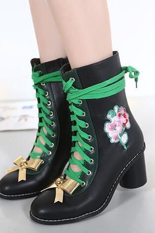 Ulass Lace Up Bowknot Heeled Booties