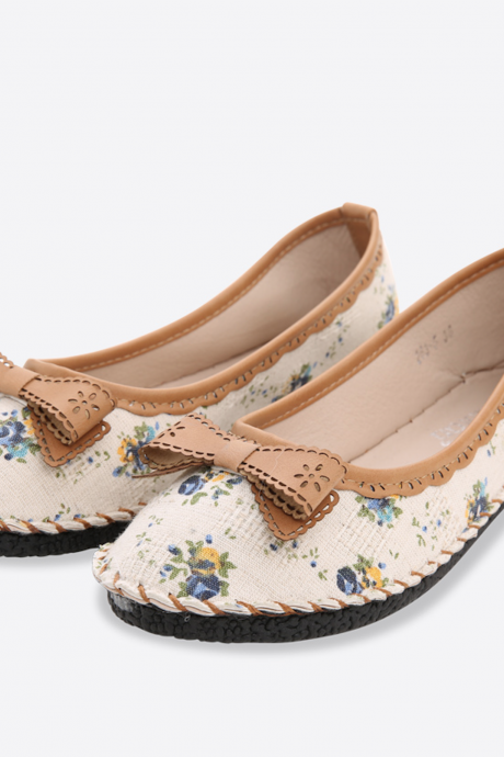 Floral Printed Canvas Ballerina Pumps with Ribbon