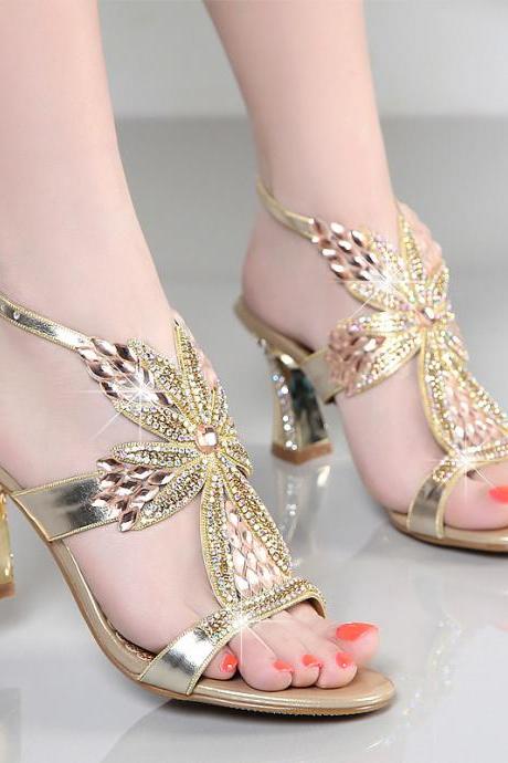 Ulass 2017 New Summer Sandals Female High-Heeled Shoes with Leather Diamond Diamond Thick Heels Sexy High-Heeled Shoes
