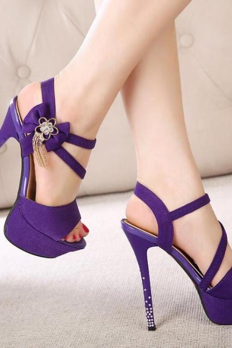 Ulass Purple and Black Strappy High Heel Fashion Sandals with Bow ST-073