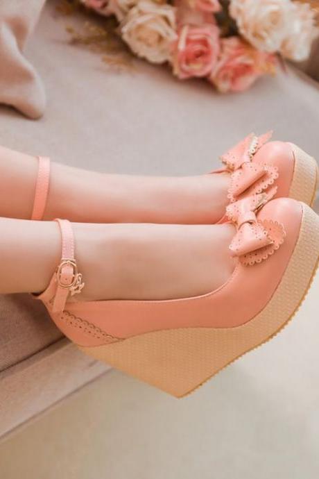 Ulass Simply Gorgeous Bow Embellished Pink Wedge Shoes ST-077